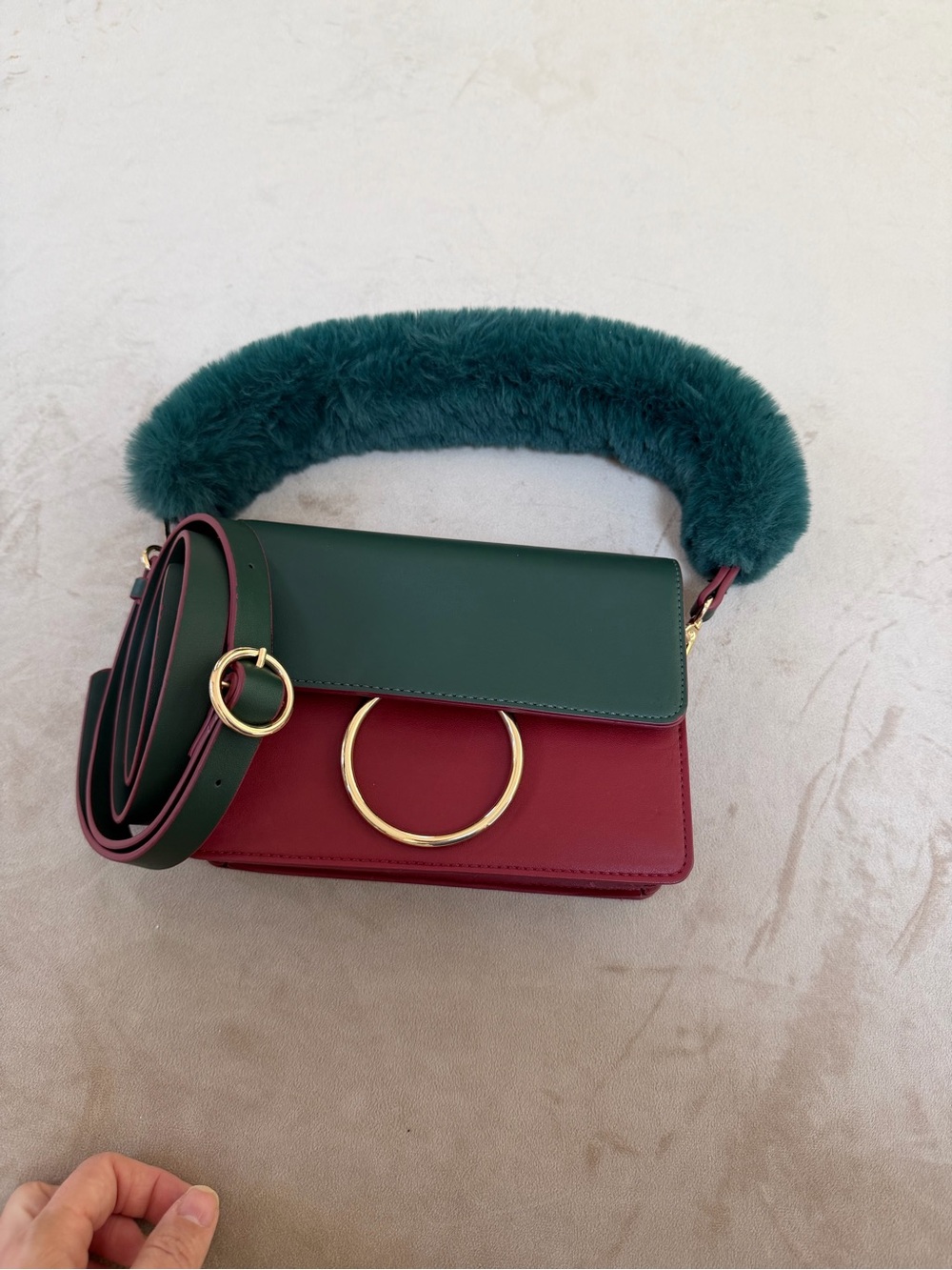 Green and Burgundy Shoulder Bag with Plush Green Handle